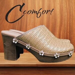 C COMFORT | SHIMMERY WOVEN STRAW GRASS DAISY STUDDED PLATFORM HEELED CLO…